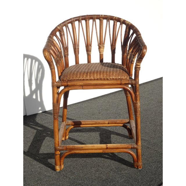 Set of Three Bamboo Barstools Brown Mid Century Palm Beach Style Bar Stools For Sale - Image 4 of 12