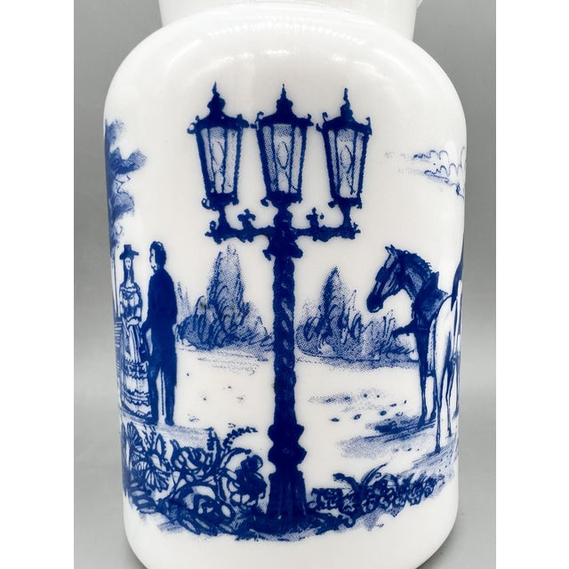 Blue 1970's Set of 3 Belgian White Milk Glass Apothecary Jars With Blue Transferware Equestrian Scenes – Victorian / English Country For Sale - Image 8 of 12