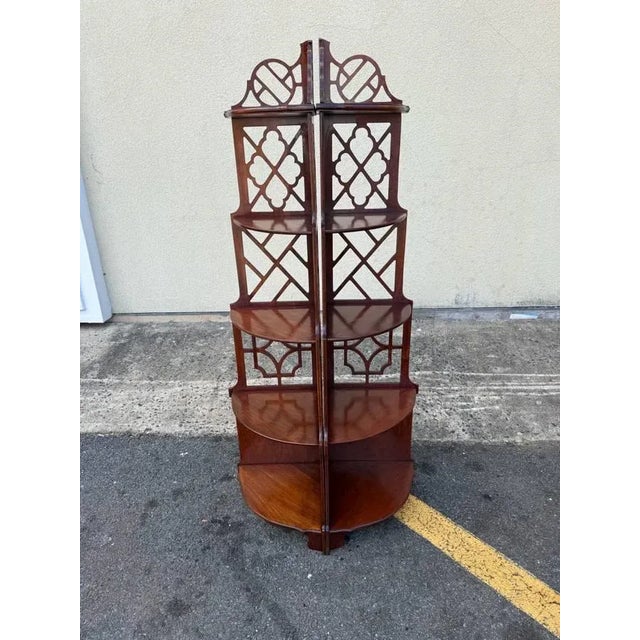 Pair of Vintage Hand Carved Fretwork Mahogany Corner Shelfs Bookcases Etageres Solid wood frame, handcrafted , sturdy...