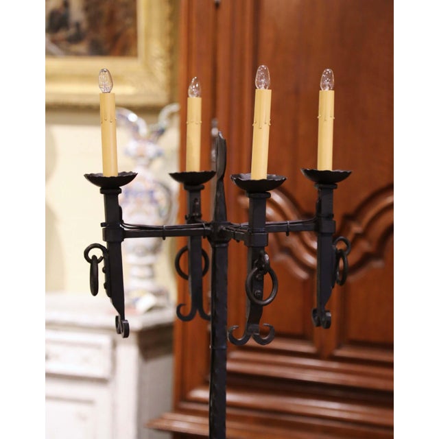 Black Early 20th Century French Gothic Forged Iron Four-Light Floor Lamp For Sale - Image 8 of 13