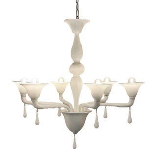 Contemporary Italian 6 Arms White Murano Glass Chandelier For Sale