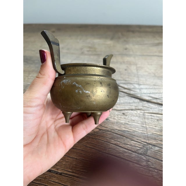 Vintage 1970s Chinese Brass Tripod Censer Incense Burner For Sale - Image 4 of 5