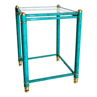 Hollywood Regency Faux Malachite Side Table with Brass Details and Glass Shelves, 1980s For Sale