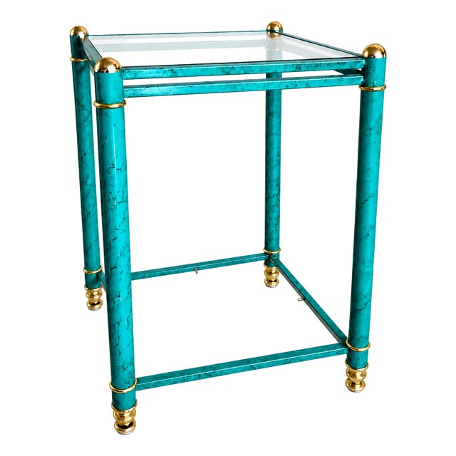 Hollywood Regency Faux Malachite Side Table with Brass Details and Glass Shelves, 1980s For Sale
