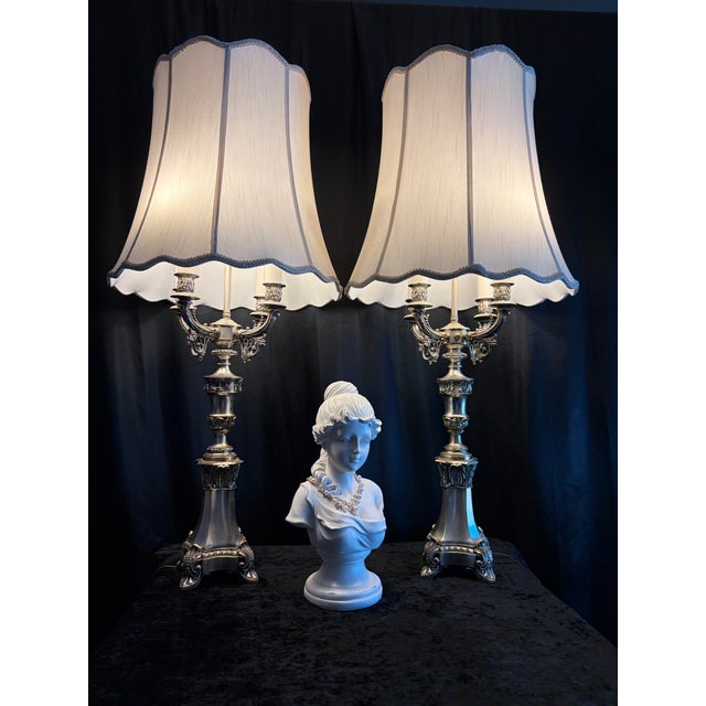 Late 19th Century French 19th‑Century Louis XVI Style Four‑Arm Silver Candelabra Lamps — A Pair For Sale - Image 5 of 12