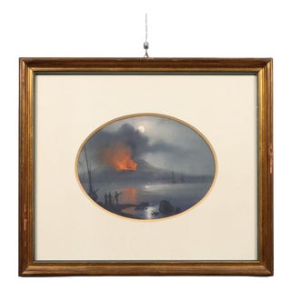 Night Eruption of Vesuvius, Gouache on Cardboard, Framed For Sale