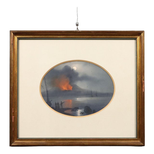 Night Eruption of Vesuvius, Gouache on Cardboard, Framed For Sale