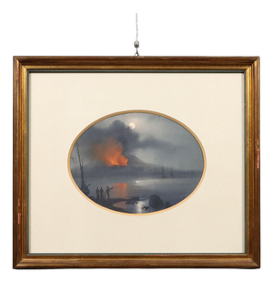 Night Eruption of Vesuvius, Gouache on Cardboard, Framed