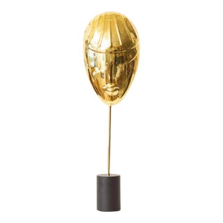 Vintage Hagenhauer Style Brass Face Mask Sculpture on Black Metal Base, 1970's For Sale