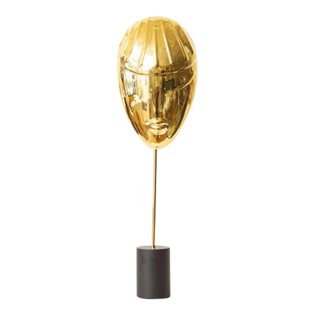 Vintage Hagenhauer Style Brass Face Mask Sculpture on Black Metal Base, 1970's For Sale