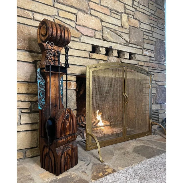 Witco Tiki Mid Century Wood Carved Fireplace Tool Set With Brutalist Accent For Sale - Image 10 of 15
