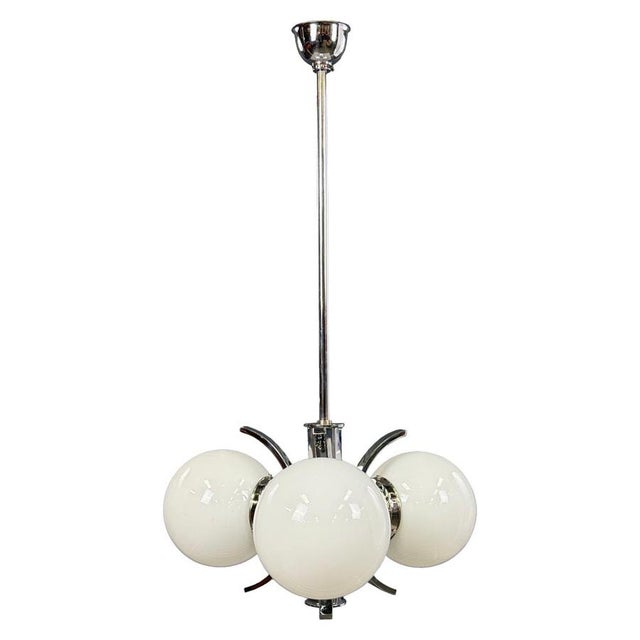 Art Deco Chrome Pendant Light with Opaline Glass Shades, 1930s For Sale - Image 3 of 5