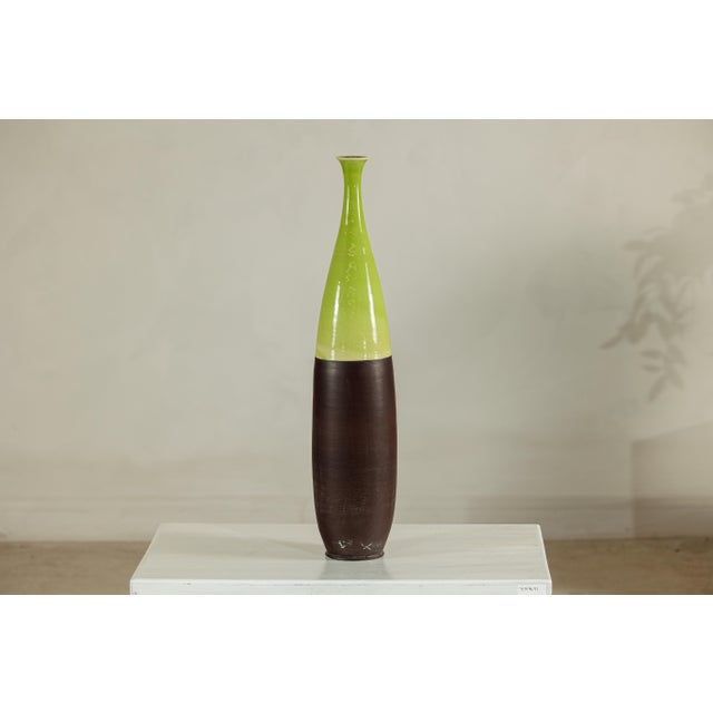 Contemporary Tall Artisan Ceramic Vase with Glossy Green and Matte Brown Glaze For Sale - Image 3 of 18