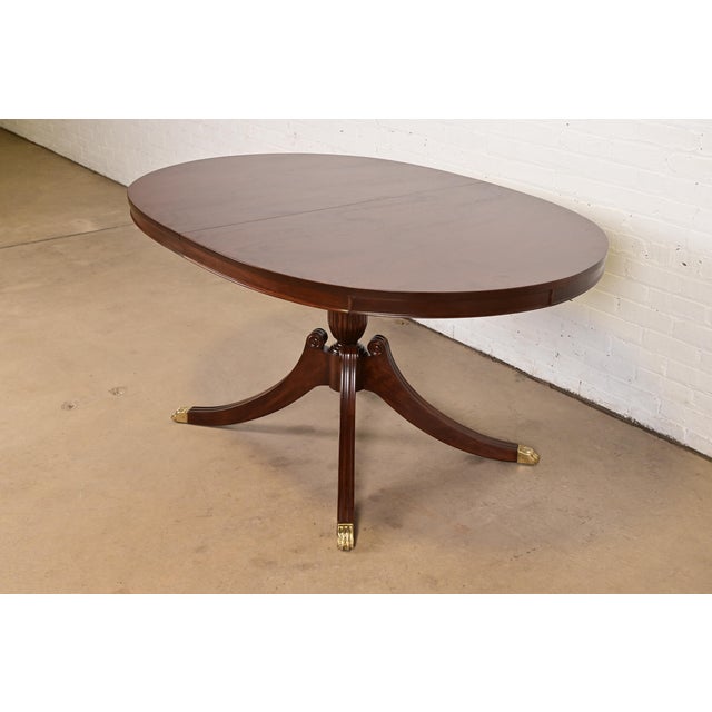 English Baker Furniture Style Georgian Carved Mahogany Pedestal Extension Dining Table, Newly Refinished For Sale - Image 3 of 13