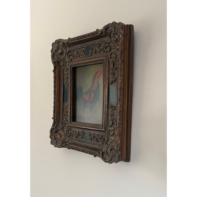 Wood Mid 20th Century Old Master–Style Rooster Portrait Oil Painting, Ornately Framed, Signed Evans For Sale - Image 7 of 10