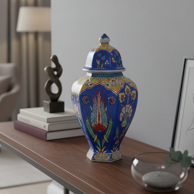 Turkish Handmade Ceramic Hexagonal Lidded Jar (30cm) Royal Blue & Yellow Palace Design – 6-Sided “Temple Jar” Vase For Sale - Image 3 of 8