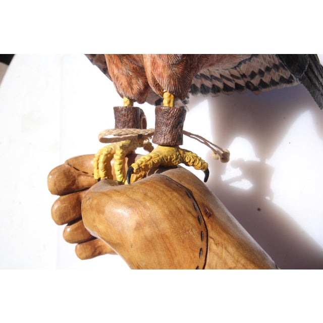 American Harrier Hawk & Gloved Handler 2003 – Carved Wooden Sculpture Signed Bradford King For Sale - Image 9 of 16