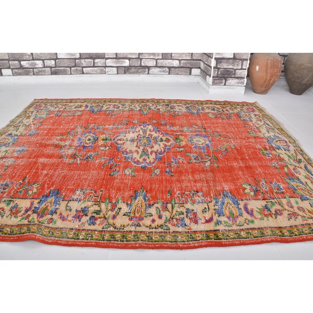 Turkish Orange Ethnic Vintage Wool Carpet For Sale - Image 3 of 10