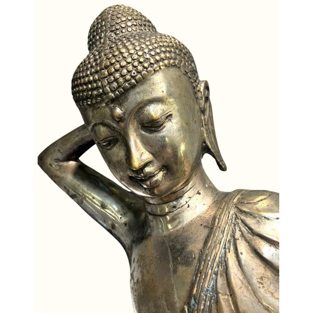 Vintage Thai Reclining Buddha Hollow Cast Brass Sculpture 22.25" Parinirvana For Sale In Dallas - Image 6 of 12