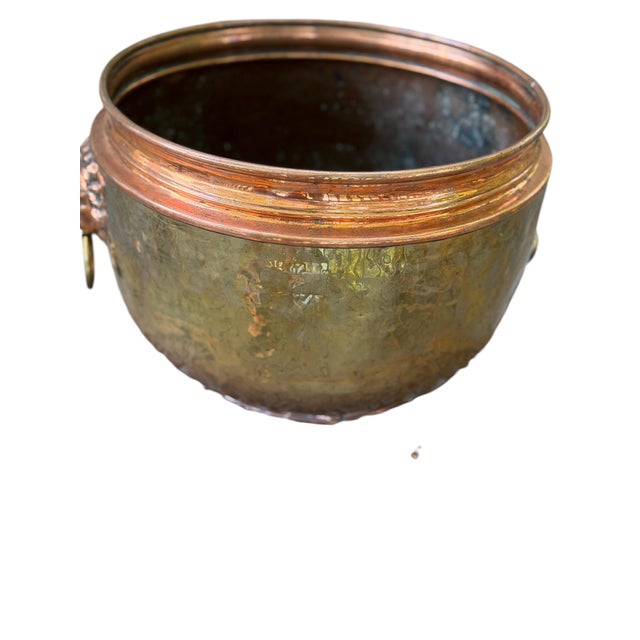Copper Large 14" Antique French Repoussé Copper Jardinière, 19th Century Alliance Coat of Arms Cachepot, Lion Head Handles, French Planter For Sale - Image 8 of 15