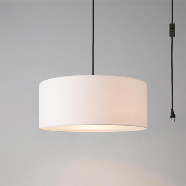 Nova Stretch Swag Lamp - Weathered Brass Steel, White Linen Drum Shade, Inline Dimmer For Sale - Image 4 of 5