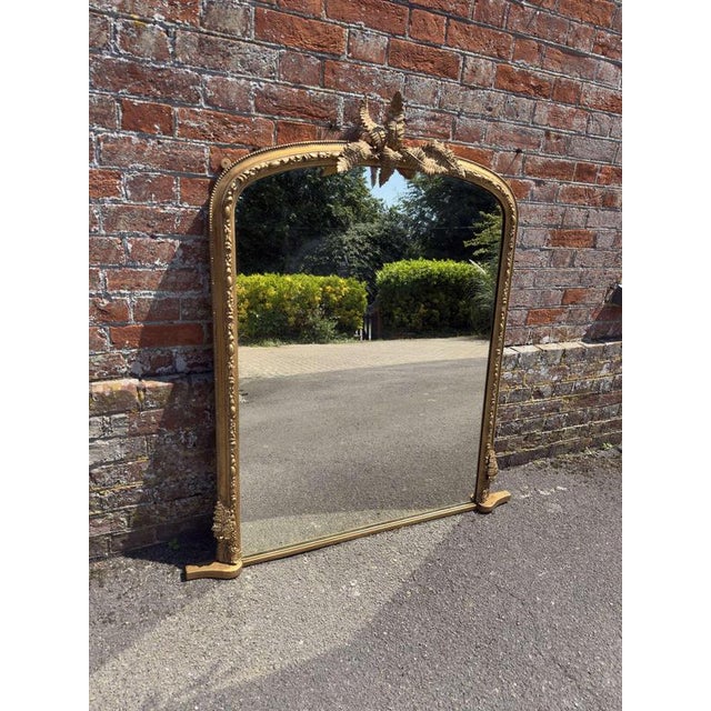Large Antique English Carved Wood and Gesso Arched Top Gilt Overmantel Mirror For Sale - Image 6 of 7