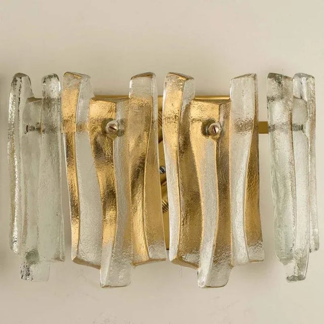 Metal Textured Ice Glass and Brass Wall Light attributed to Kalmar, 1970s For Sale - Image 7 of 13