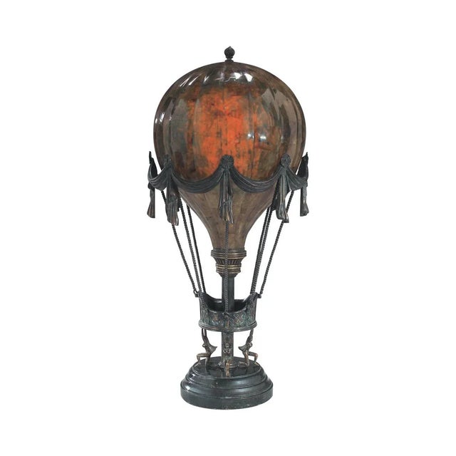 Decorative Penshell Crackle Balloon Lamp Verdigris Bronze Patina Mounts Green Marble Base