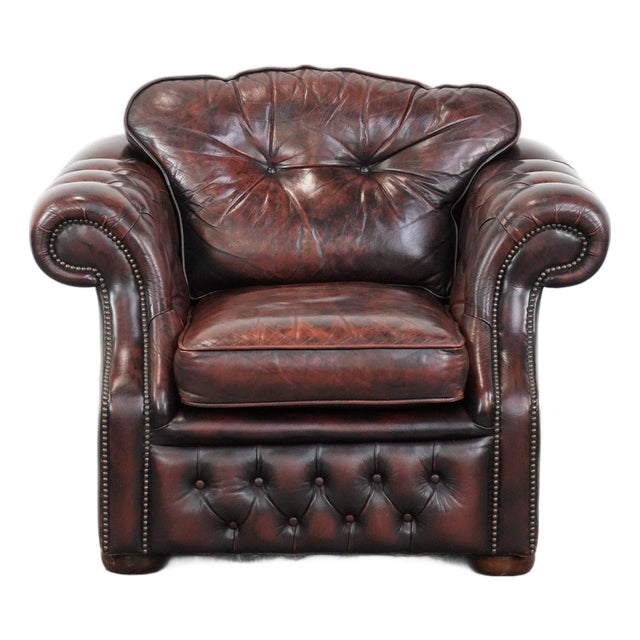 Chesterfield Club Chair in Red Flamed Cowhide Leather For Sale