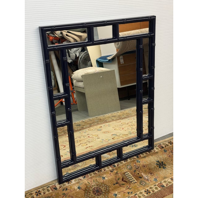 Chinoiserie Lacquered Faux Bamboo Wall Mirror, Navy For Sale - Image 11 of 12