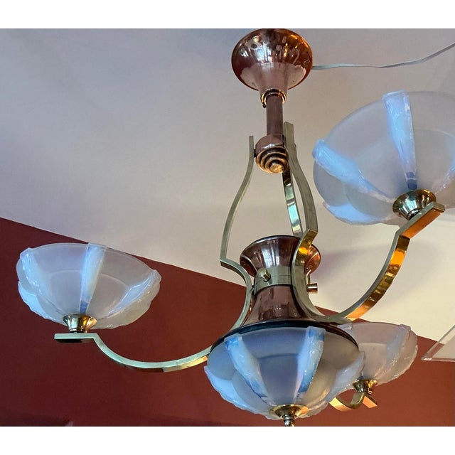 French Opalescent 3-Arm Chandelier in Brass and Glass from Petitot, 1930s For Sale - Image 4 of 16