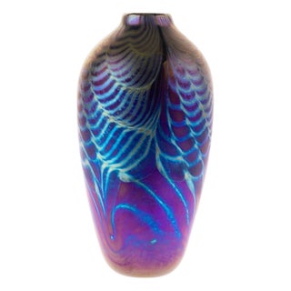 Iridescent Hand Blown Studio Glass Vase by Keith Bowlby in the style of Loetz For Sale