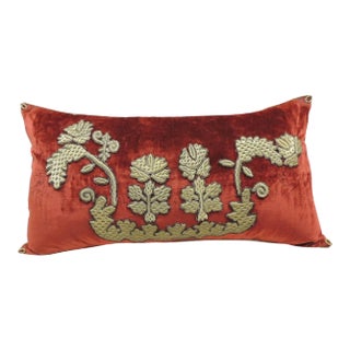 Antique Burnt Orange Silk Velvet Applique Long Bolster Decorative Pillow - 17 X 30 For Sale