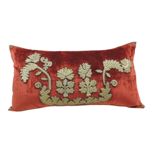 Antique Burnt Orange Silk Velvet Applique Long Bolster Decorative Pillow
