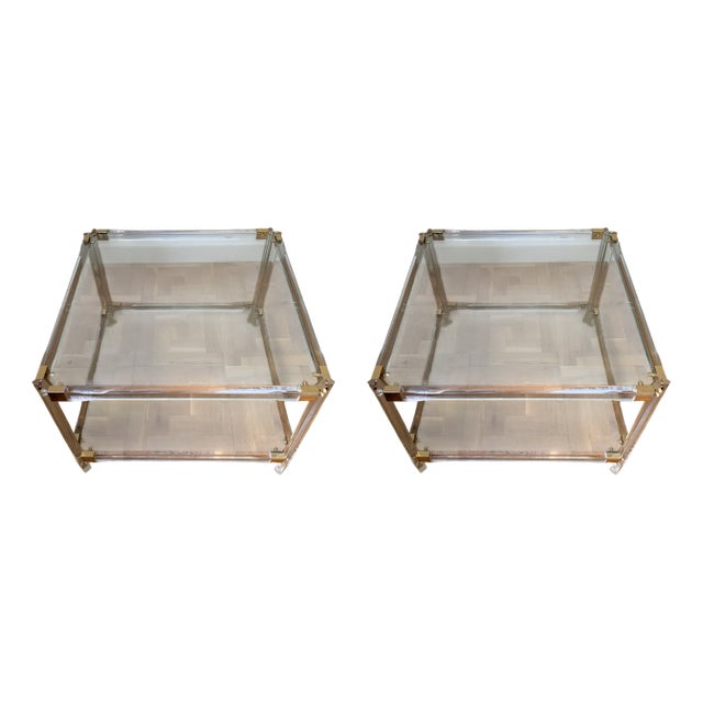 Acrylic Glass and Brass Side Tables, 1970s, Set of 2 For Sale