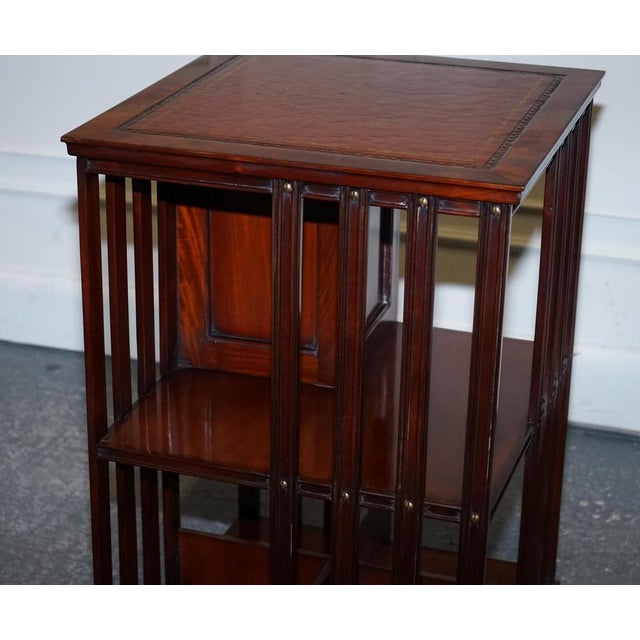 Revival Inlaid Revolving Bookcase End Table with Brown Aged Leather Top For Sale - Image 12 of 18