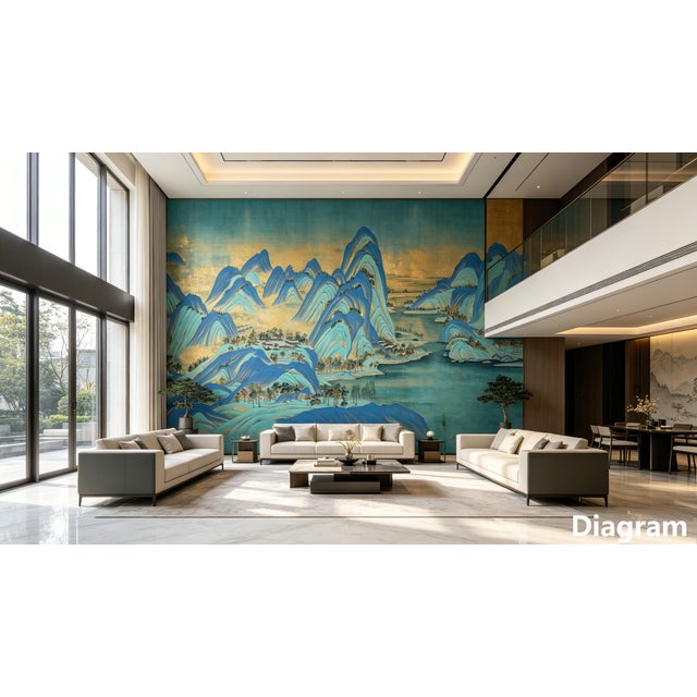 Chinese 36" * H108"/Panel * 5ps, Mustard-Yellow a Thousand Li of Rivers and Mountains Wallpaper, Chinese-Style Wallpaper Mural, 5 Panels For Sale - Image 3 of 8