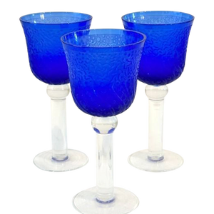 "It's a Blast" Arizona Cobalt Blue/Clear Stem Art Glass Water Wine Goblets-Set of 3