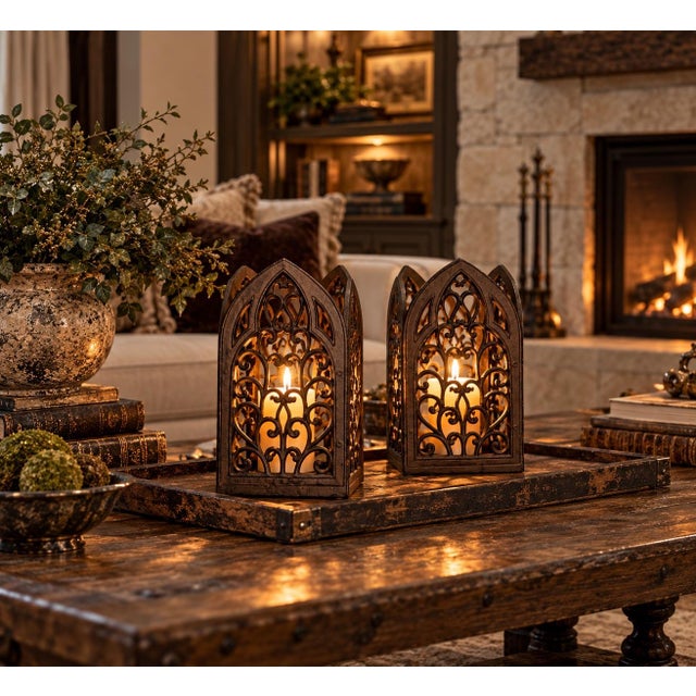 Pair of Heavy Vintage Cast Iron Gothic Cathedral Candle Holders For Sale - Image 12 of 12