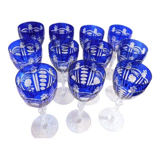 1940s Set of Eleven Matching Blue Cut to Clear Stemware Glasses For Sale