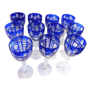 1940s Set of Eleven Matching Blue Cut to Clear Stemware Glasses