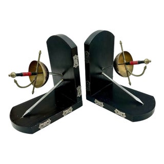 Vintage MCM Fencing Metal Rapiers Epees Wood BOOKENDS-set of 2 For Sale