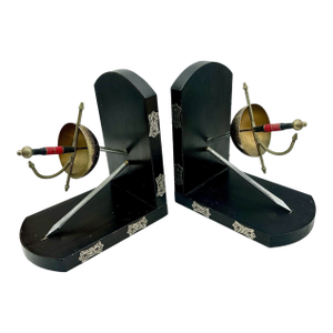Vintage MCM Fencing Metal Rapiers Epees Wood BOOKENDS-set of 2