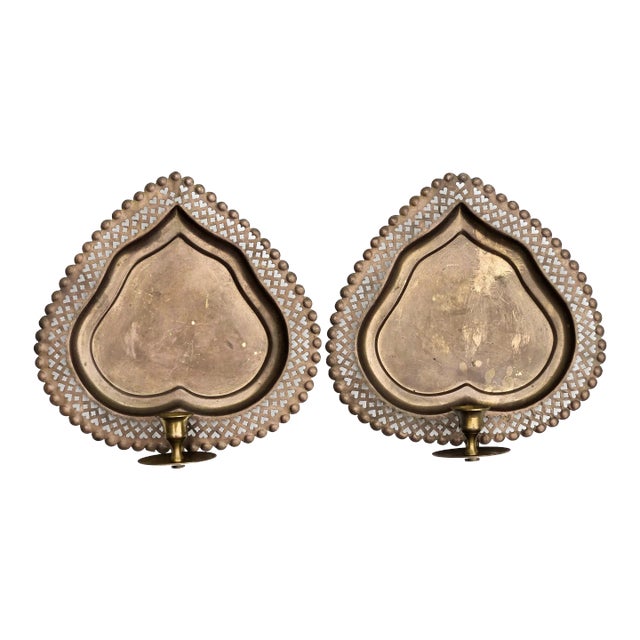 Pair of Mid-Century Modern Openwork Design Brass Candle Sconces For Sale