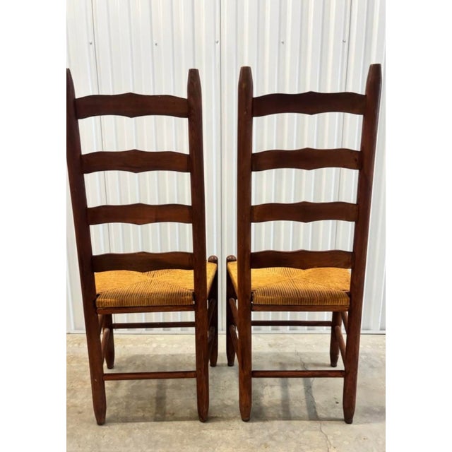 Vintage 20th Century Tall Ladder Back Rope Seat Armless Side Dining Chairs, a Pair For Sale - Image 4 of 9