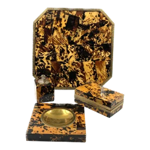 Smoking Set, Brass and Wood Tray, Ashtray, Table Lighter and Cigars Box, Italy 1970 - Set of 4