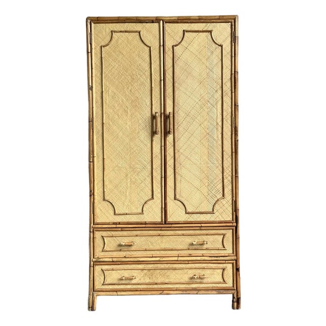 Vintage Coastal Woven Rattan Armoire For Sale