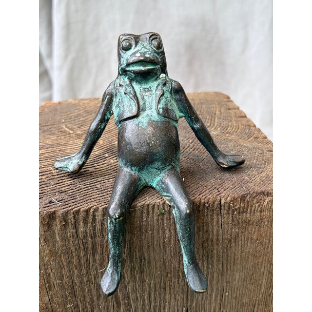 Metal Vintage Bronze Seated Frog Garden Ornament For Sale - Image 7 of 18