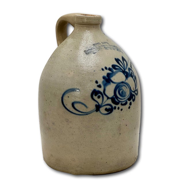 American Unusual Antique American Blue Flower Decorated 2 Gallon Jug With Otsego New York Stoneware Merchants Name & Info Circa 1870s For Sale - Image 3 of 18