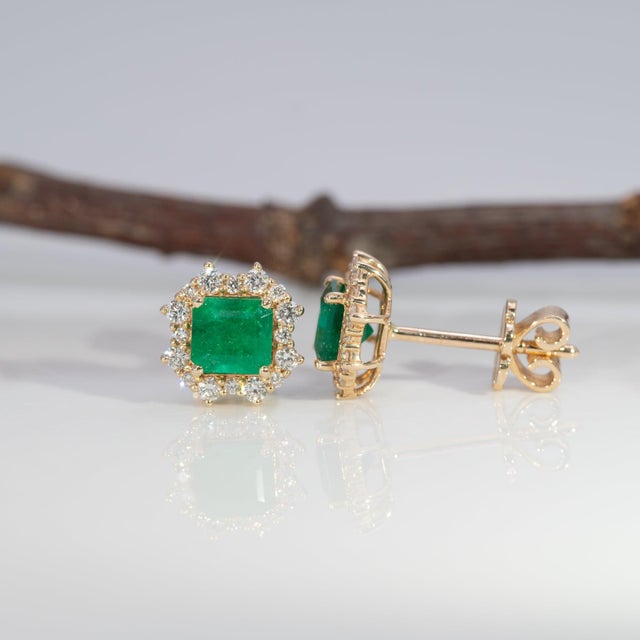 Colombian Emerald Earrings With Natural Diamond Accents: Solid 14k Gold, 5mm For Sale - Image 4 of 7